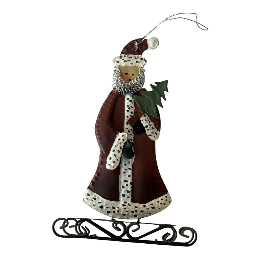 3 Rustic Metal Tin Country Santa Claus Christmas Ornaments 6'-8' EUC